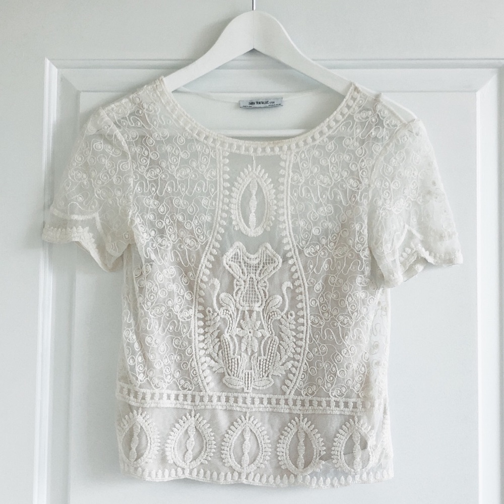 Zara TRF Ivory Lace Cropped Top